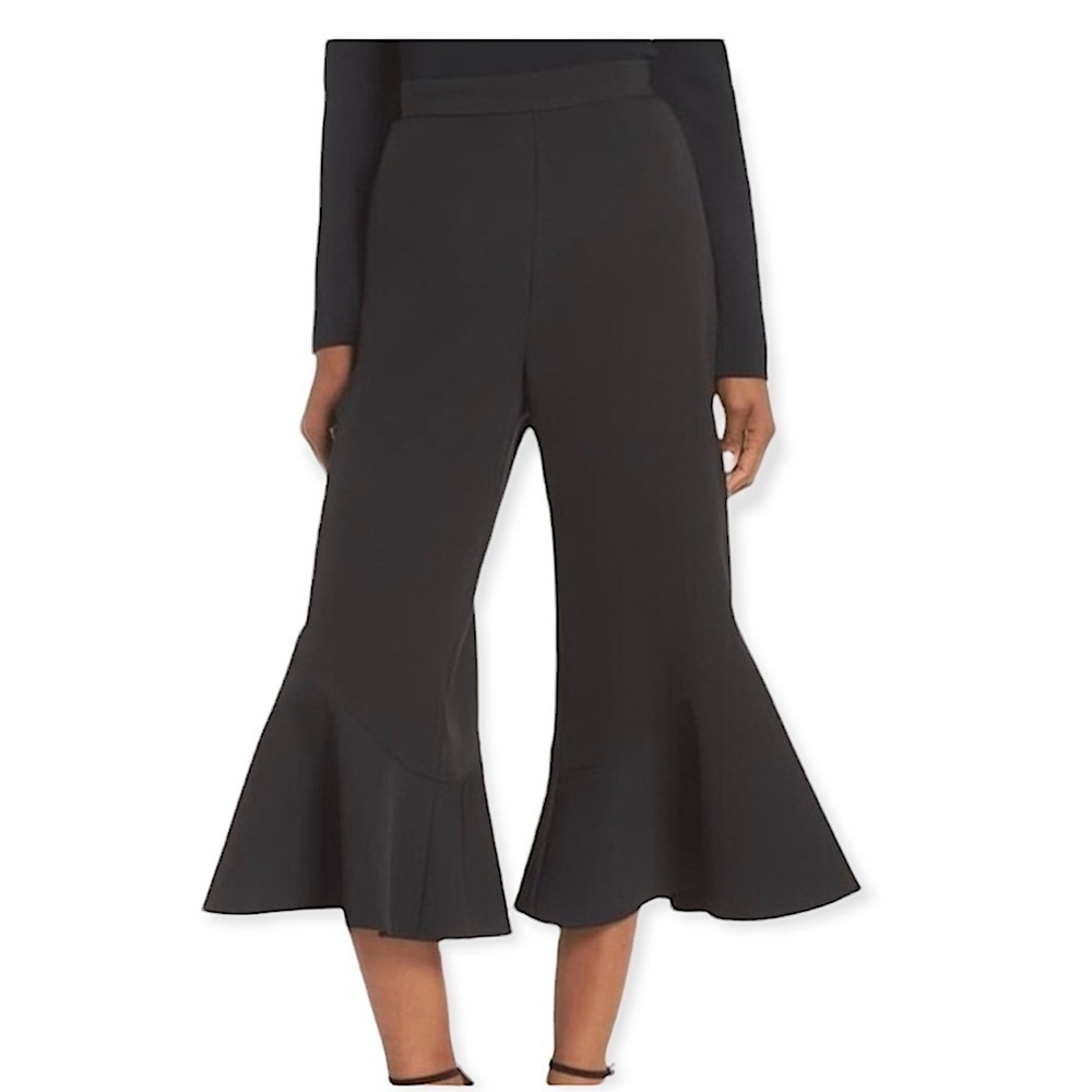 Eliza J Black Cropped Flounce Hem High Waisted Pants Flared Wide Leg Size 6